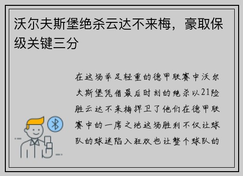 沃尔夫斯堡绝杀云达不来梅，豪取保级关键三分