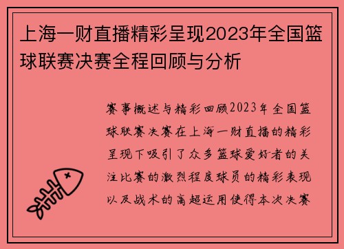 上海一财直播精彩呈现2023年全国篮球联赛决赛全程回顾与分析