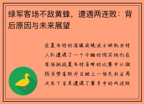 绿军客场不敌黄蜂，遭遇两连败：背后原因与未来展望